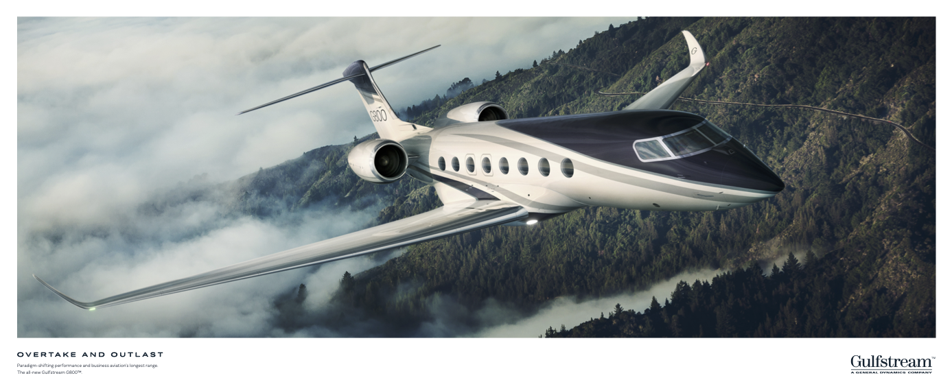 Gulfstream G800 aircraft flying through clouds beside a lush green landscape, with promotional copy: 'Overtake and Outlast.'