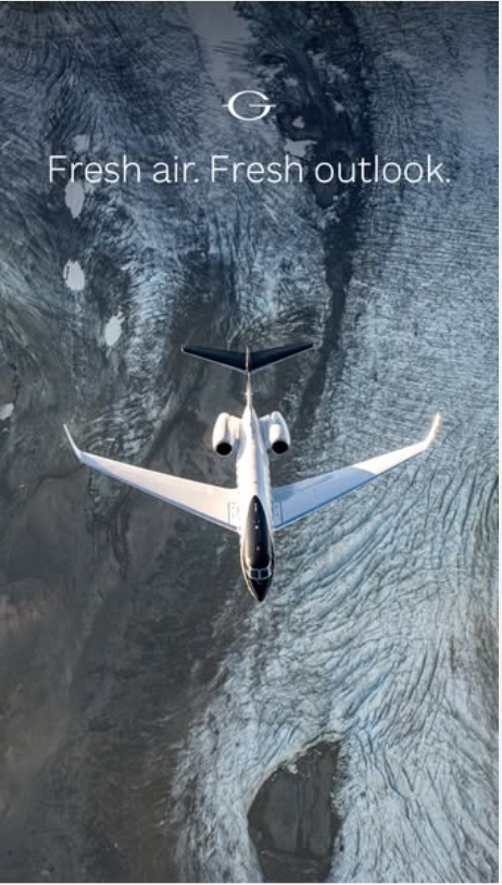 Gulfstream aircraft flying over water with on-screen text that reads, "Fresh Air. Fresh Outlook."