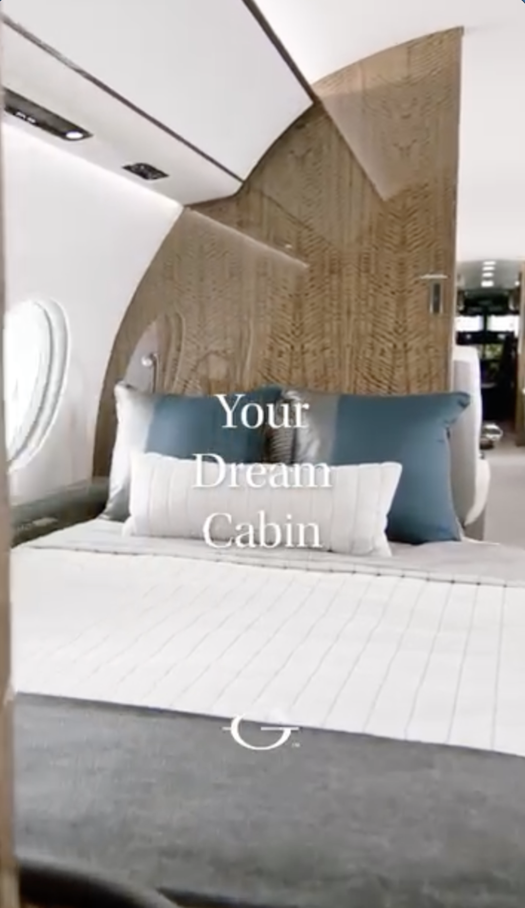 Interior of a Gulfstream aircraft with a bed and on-screen text that reads, "Your Dream Cabin."