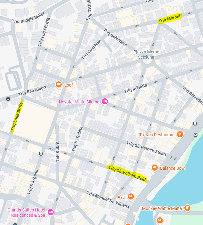 Map of Gzira, Malta, with yellow highlights marking the quiet residential streets around Triq Luqa Briffa.
