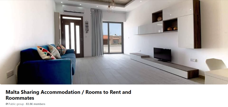Header screenshot of the "Malta Sharing Accommodation" Facebook group, featuring a modern living room photo.