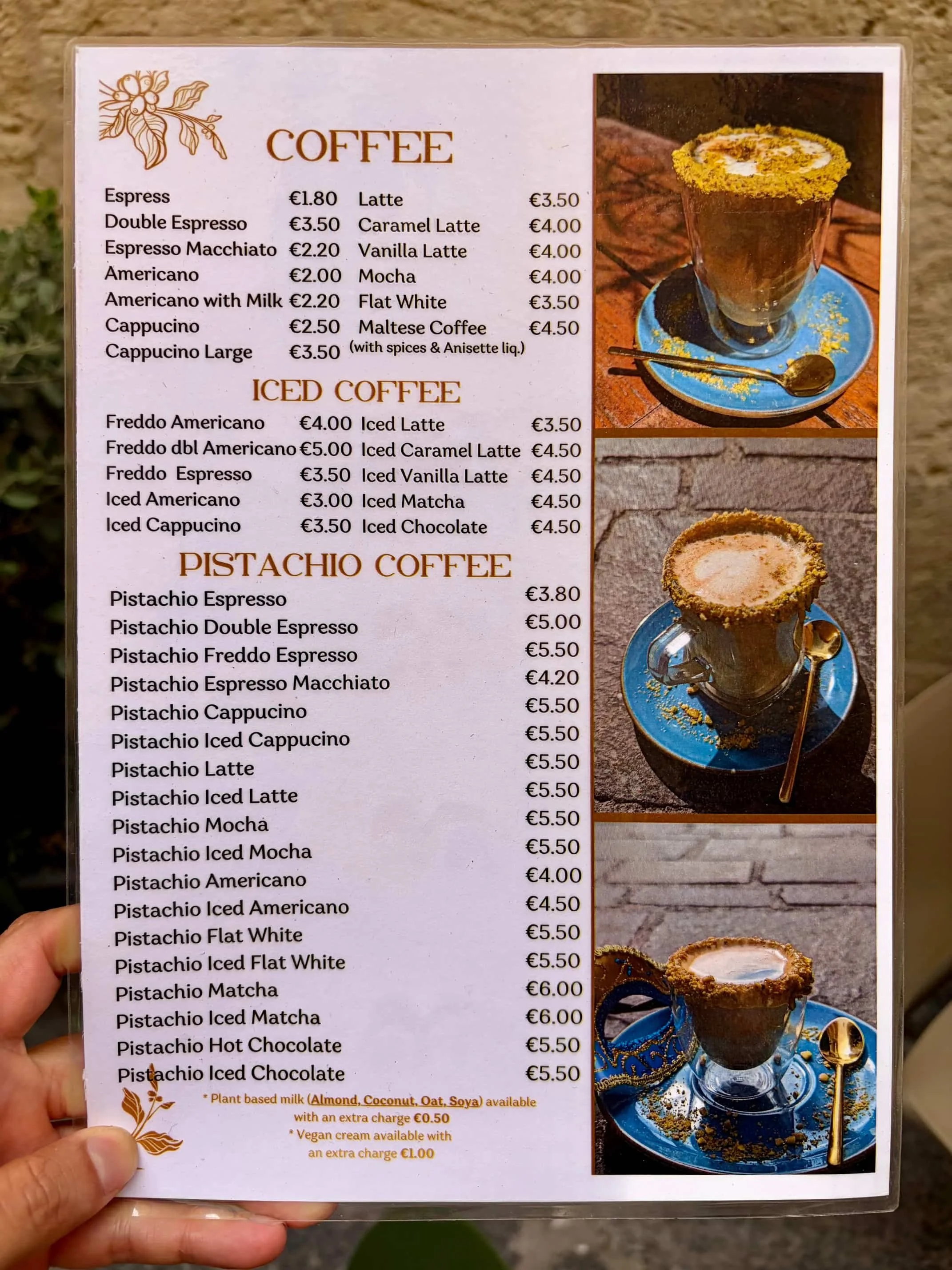 Hot and cold drinks menu at De Bono Coffee Shop, Valletta.