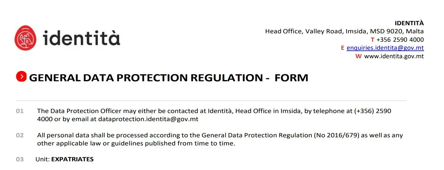 Official Identità GDPR data protection form required for EU citizens and expats applying for a Malta residence card.