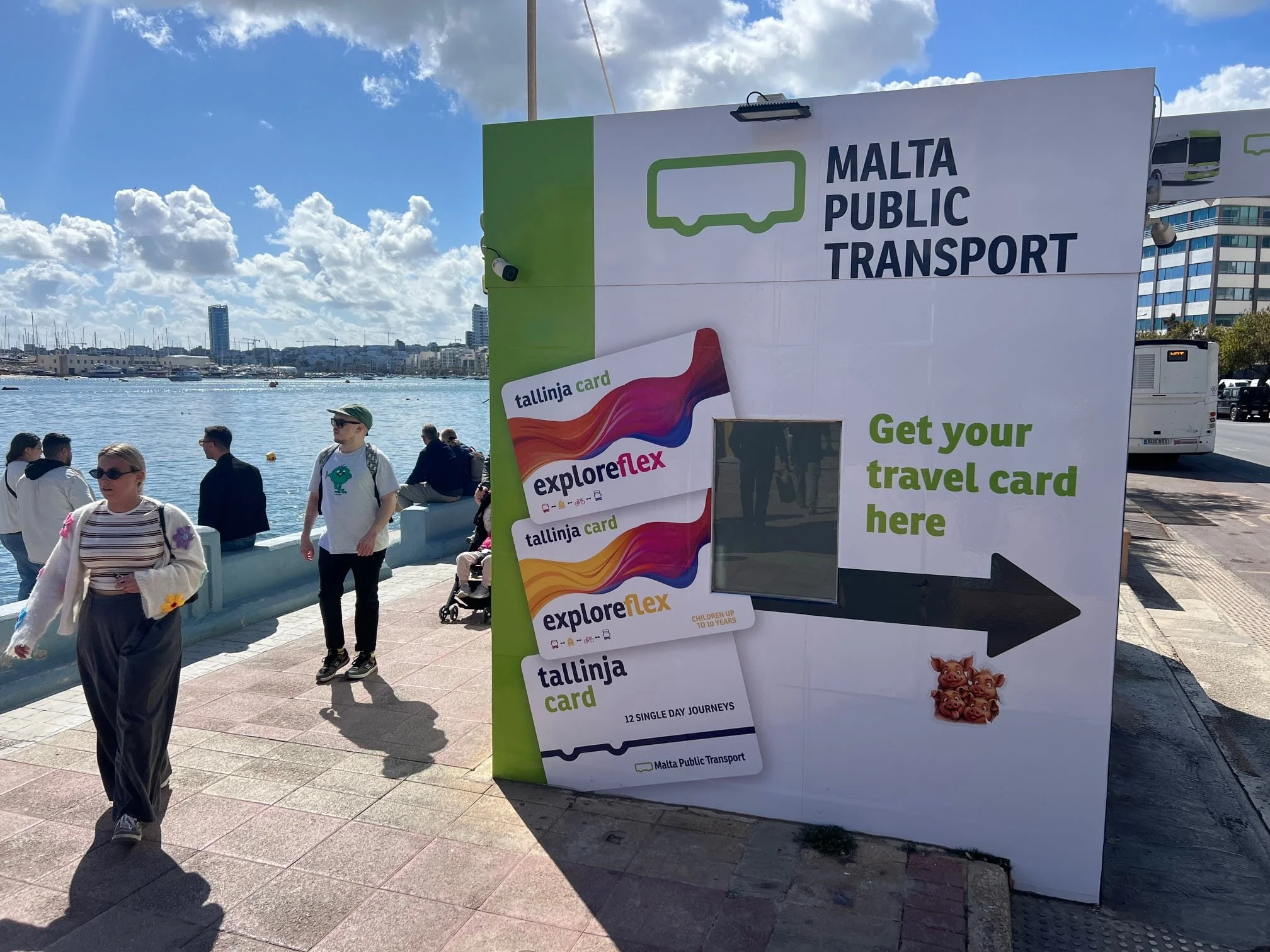 Malta Public Transport ticket sales booth at the Sliema Ferries waterfront offering Tallinja bus cards to tourists..