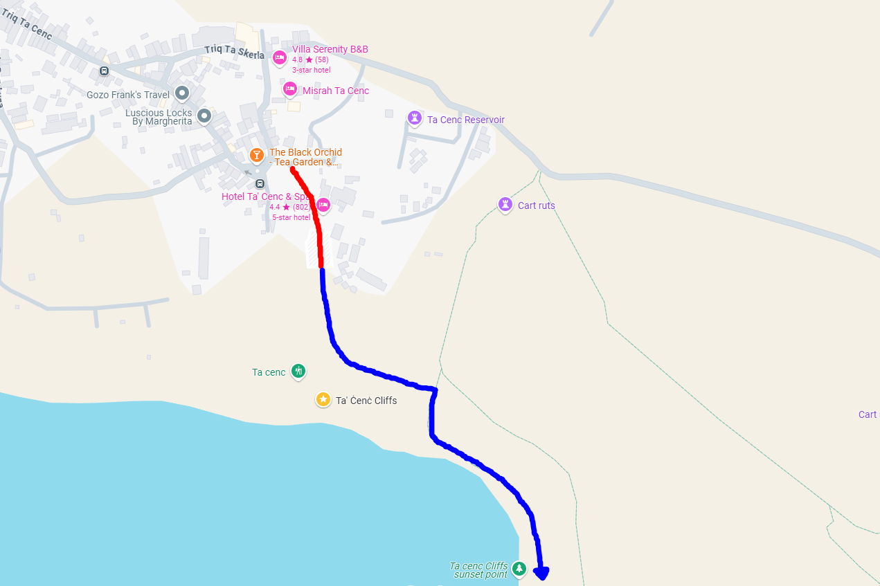 The path to Ta' Cenc Cliffs located next to the Hotel Ta' Cenc in Sannat, Gozo.