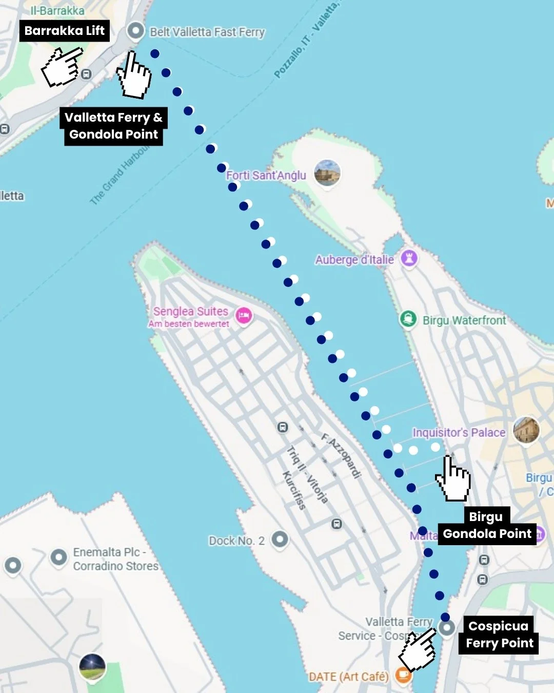 Map of the Grand Harbour ferry and Dgħajsa routes connecting Cospicua, Birgu and Valletta, including landing points and Barrakka Lift access.