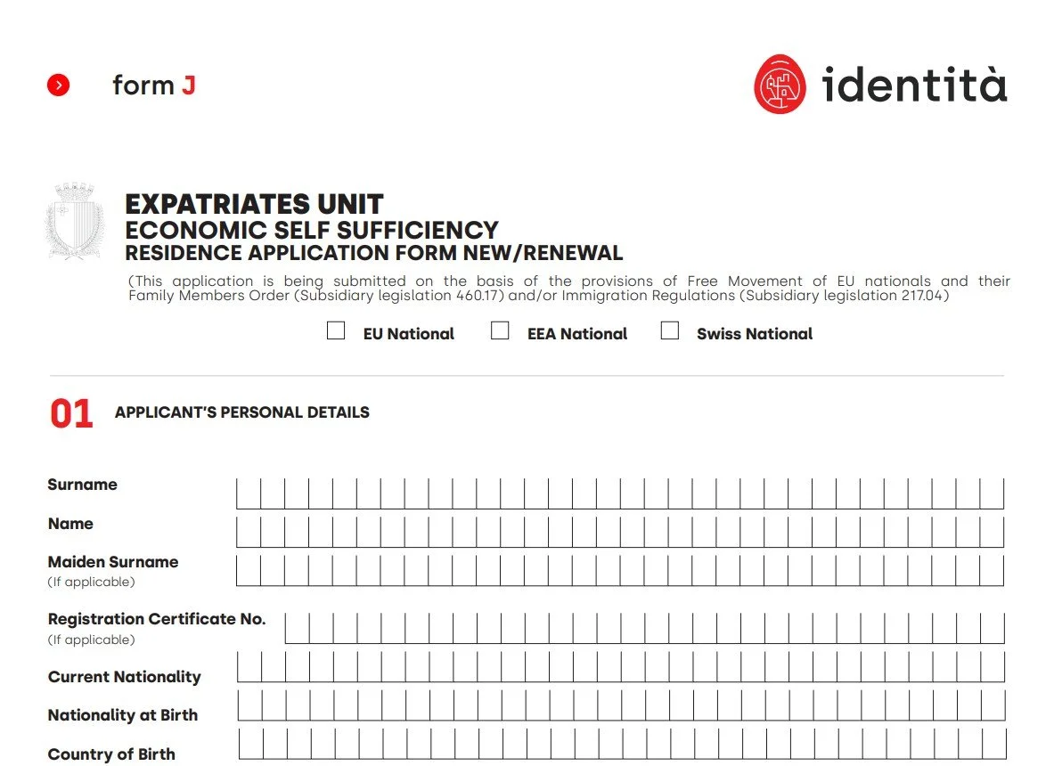 Top half of the official Form J document for EU nationals applying for residence in Malta.