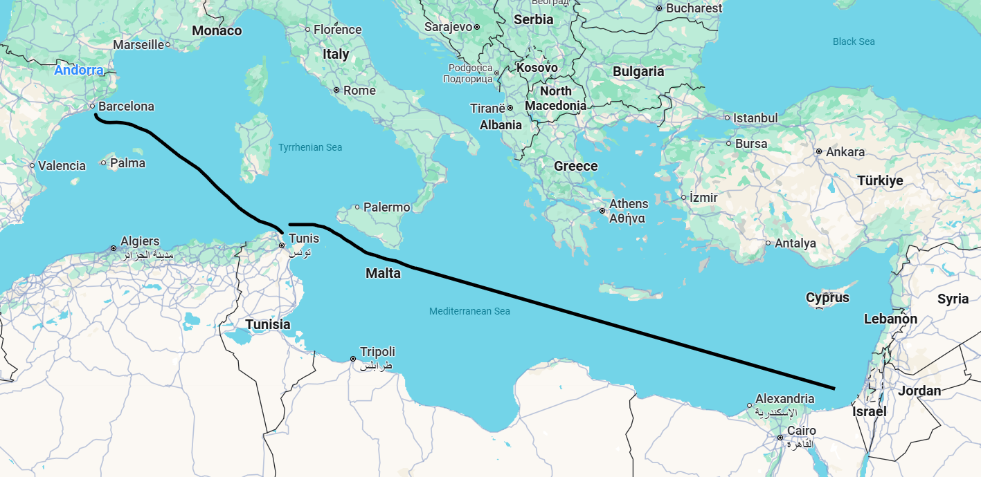 A map showing the projected route of the aid flotilla from Barcelona, passing north of Malta towards Gaza.