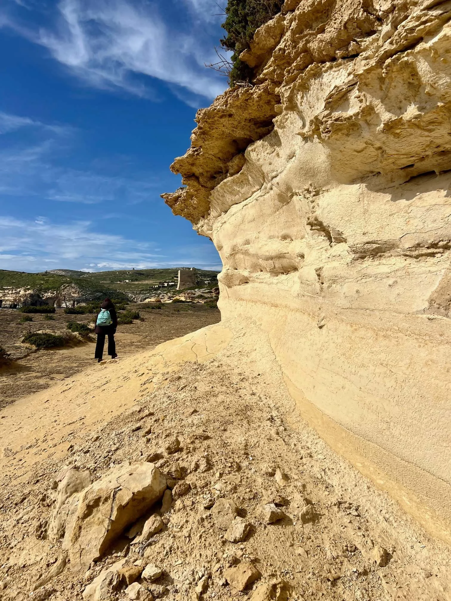 Hiking path along the limestone cliffs near Ras il-Hobz, Gozo.