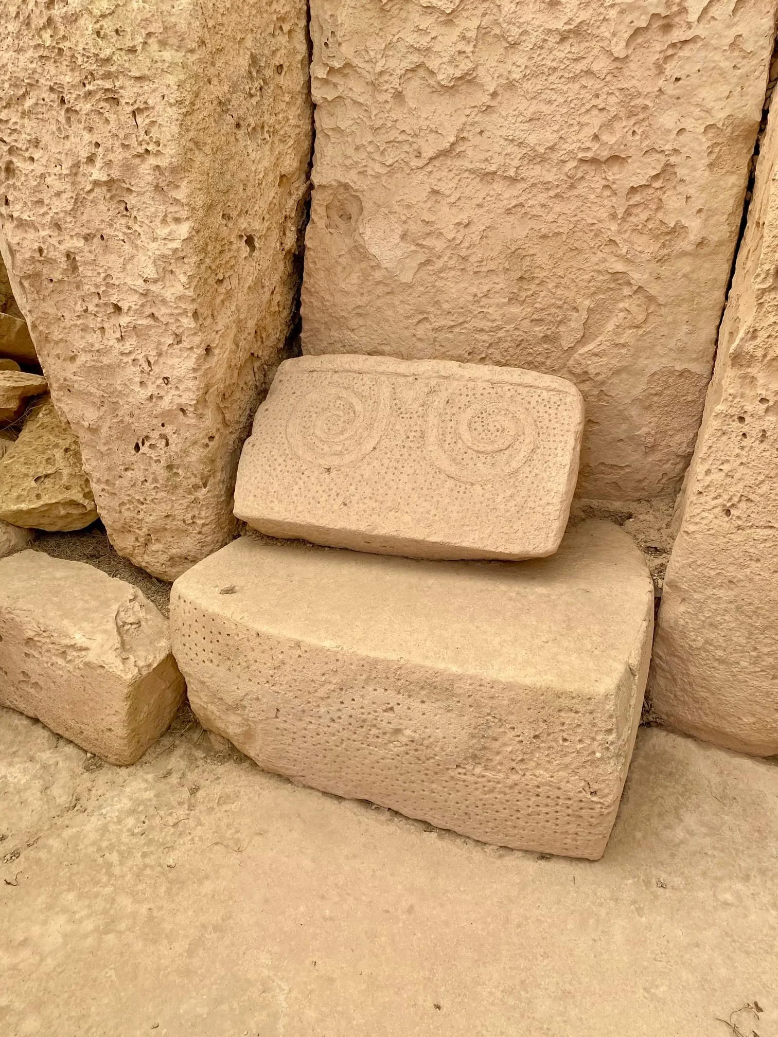 5,000+ year-old megalith at Hagar Qim temple with spiral carvations.