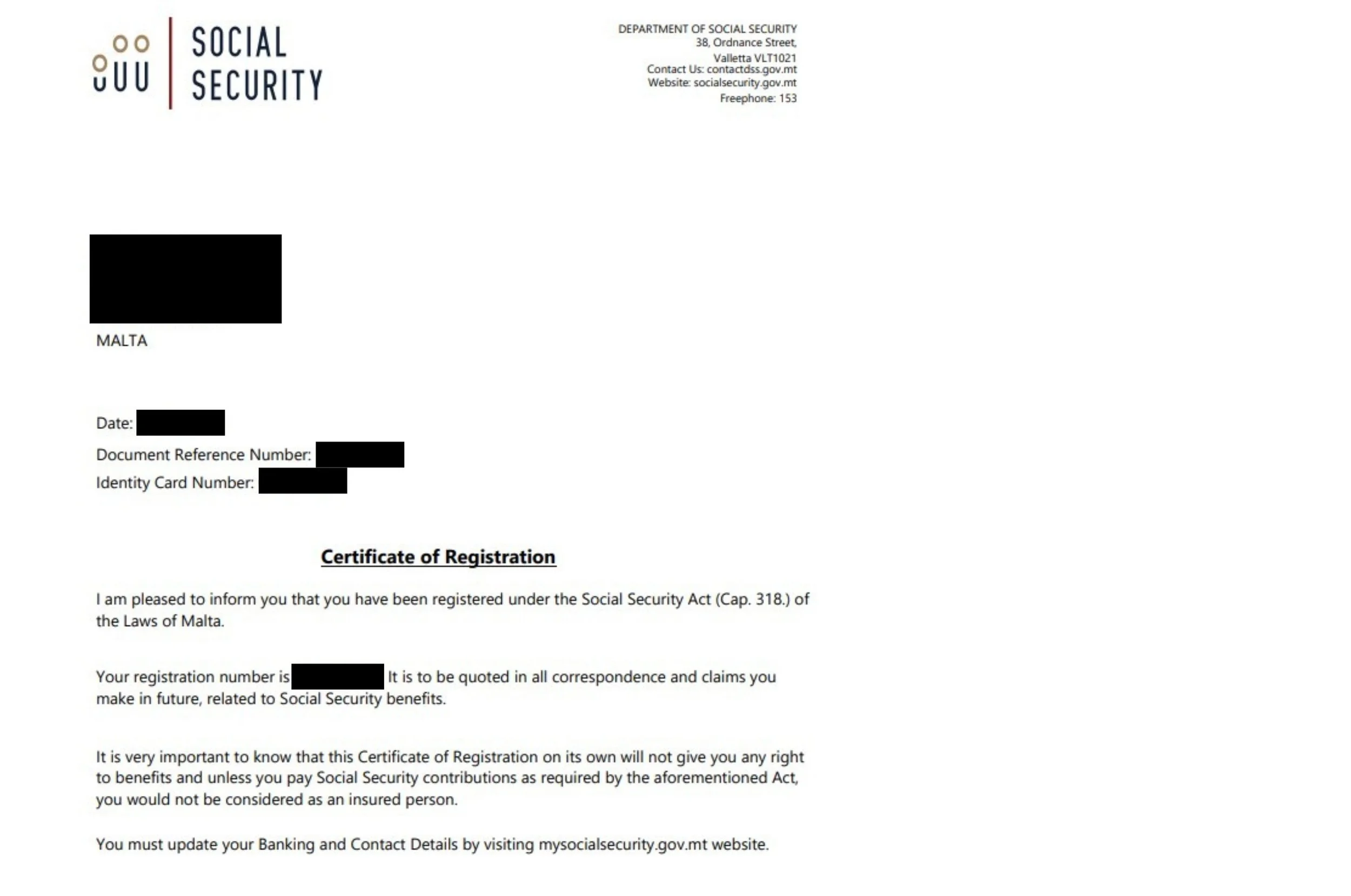 Official Certificate of Registration document showing the assigned Maltese Social Security Number.
