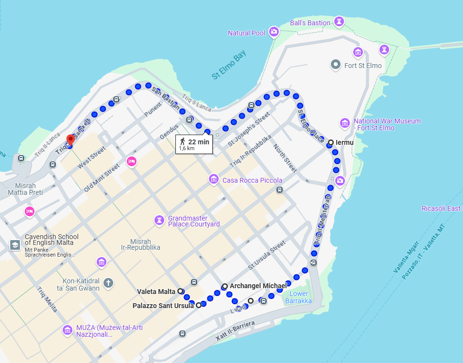 A map showing the walking route through Valletta, starting at Old Theatre Street and circling Fort St. Elmo.
