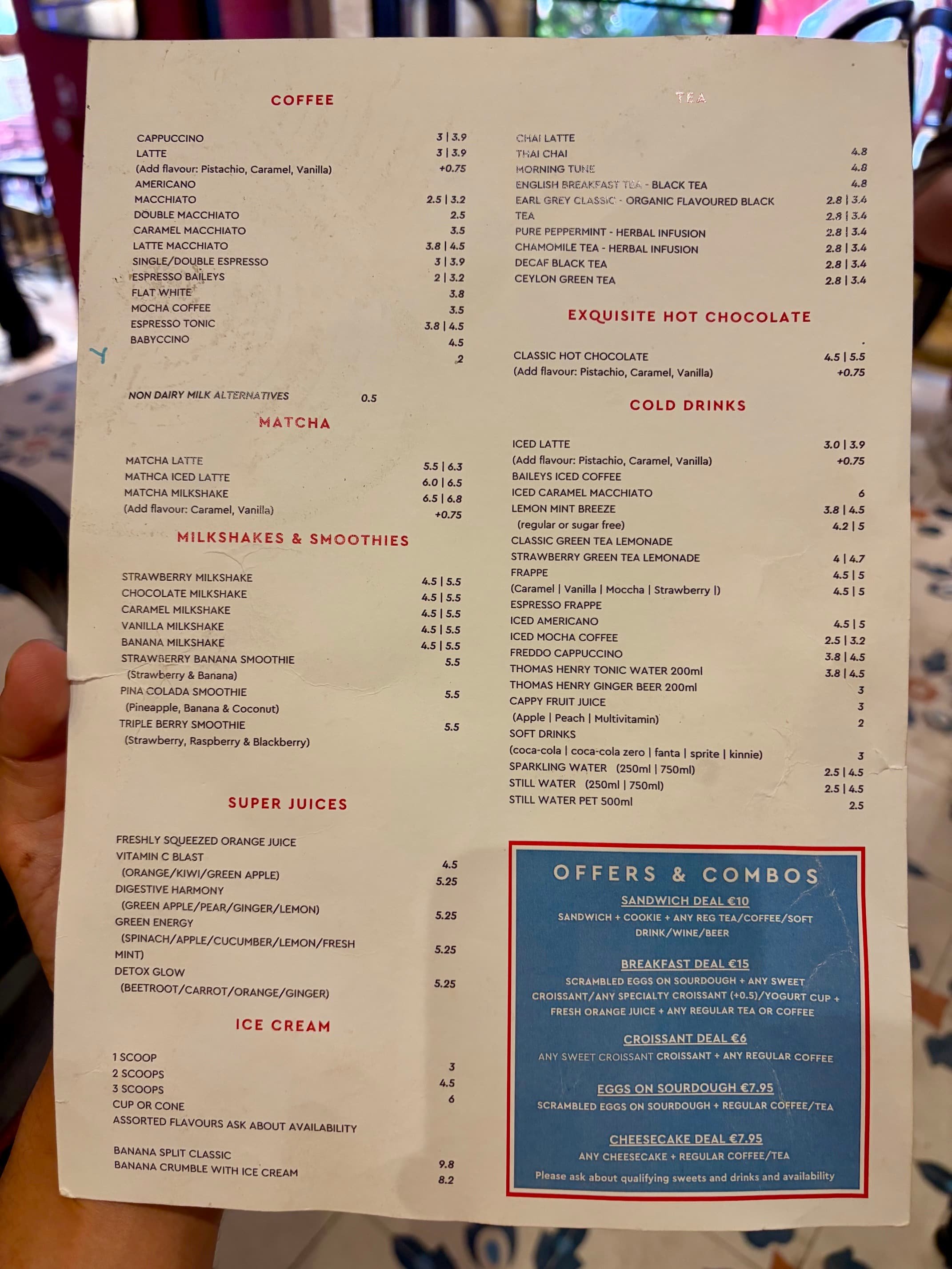 Detailed drinks menu featuring hot and cold options at Sunday in Scotland, Valletta.