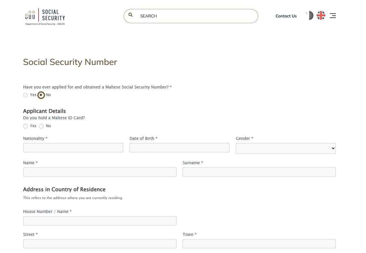 Online application form portal for a Maltese Social Security Number.