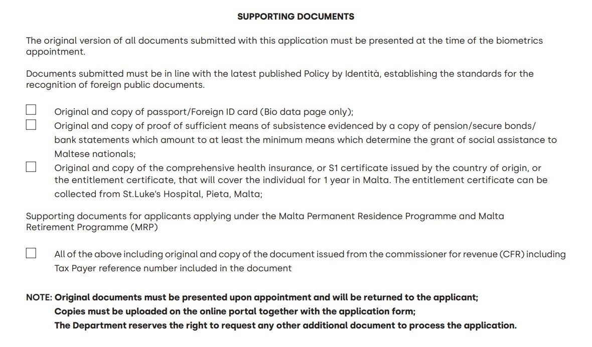 Supporting documents section of the official Form J residence application in Malta showing the official requirements.