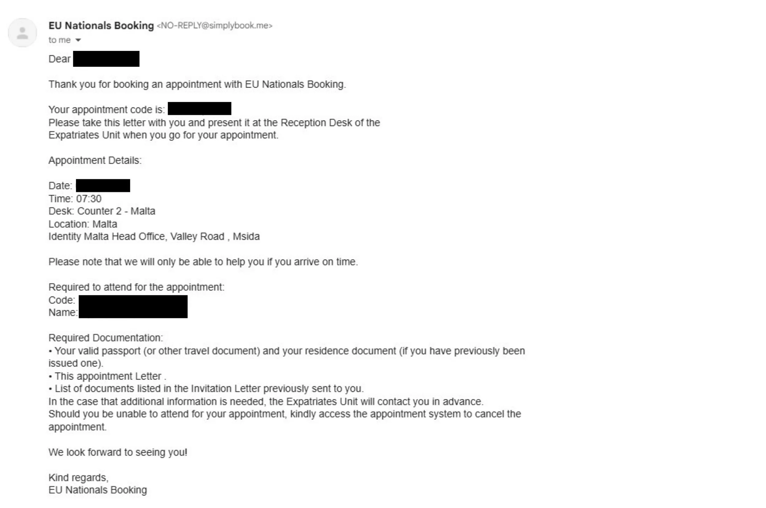 Redacted email screenshot showing the official Identità appointment booking confirmation and code for EU citizens applying for residence in Malta.