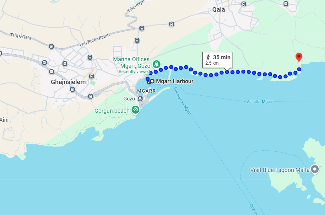 A map showing the coastal walking route from Mgarr Ferry Terminal to Hondoq Bay.