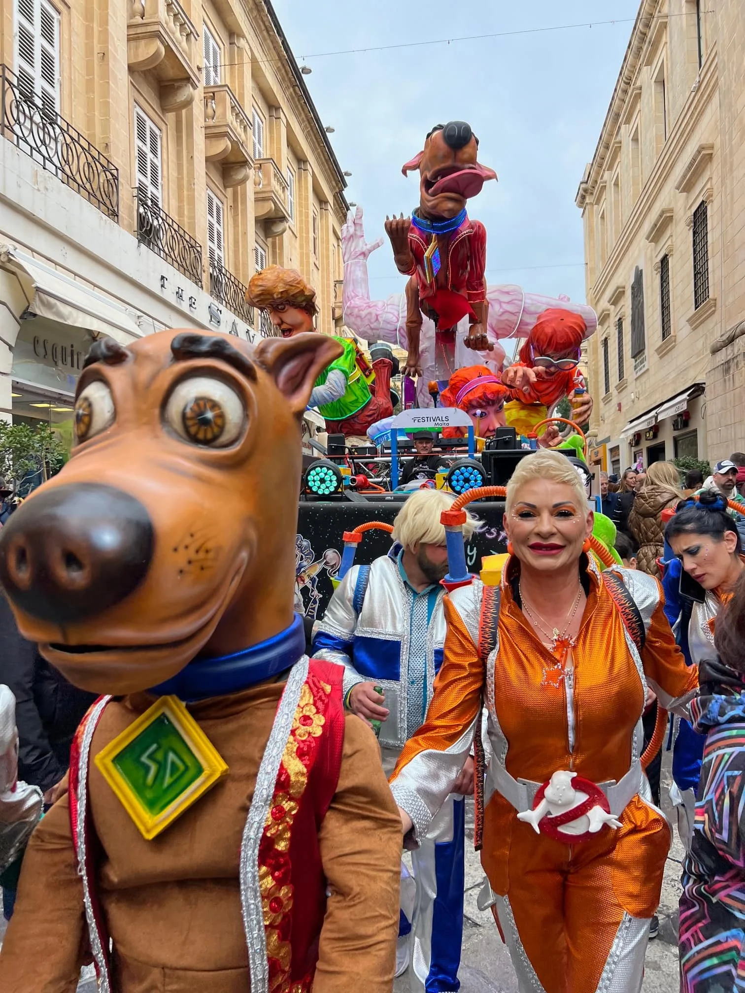 Scooby Doo mascot walking through Valletta streets.