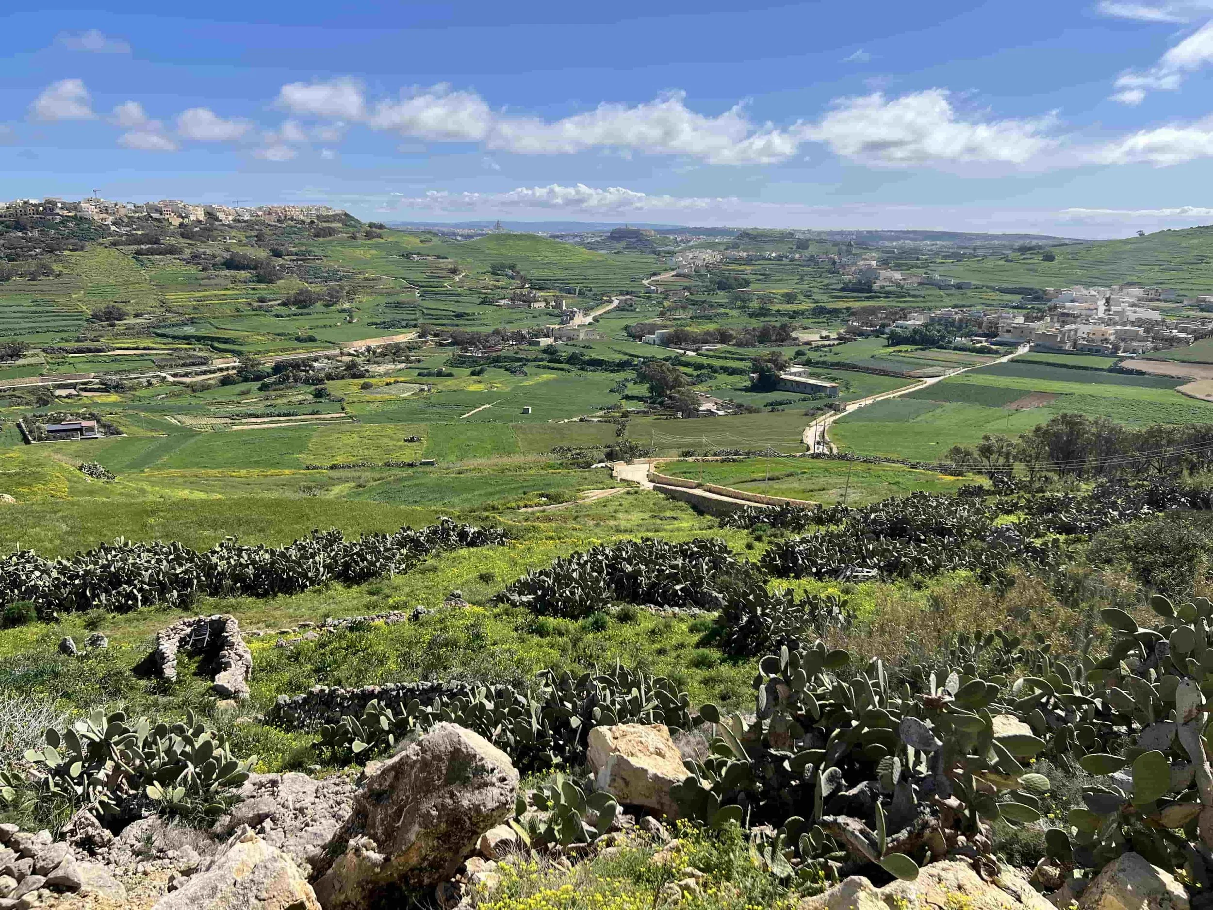 Panoramic view over the green fields of Gozo towards Victoria, taken from Ġurdan Lighthouse.