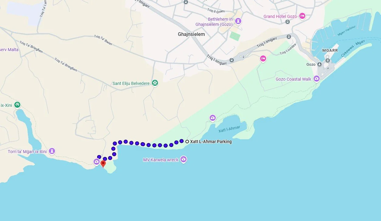 Trail map of a coastal hike from Xatt L-Ahmar Parking to Ras il-Hobz, Gozo.