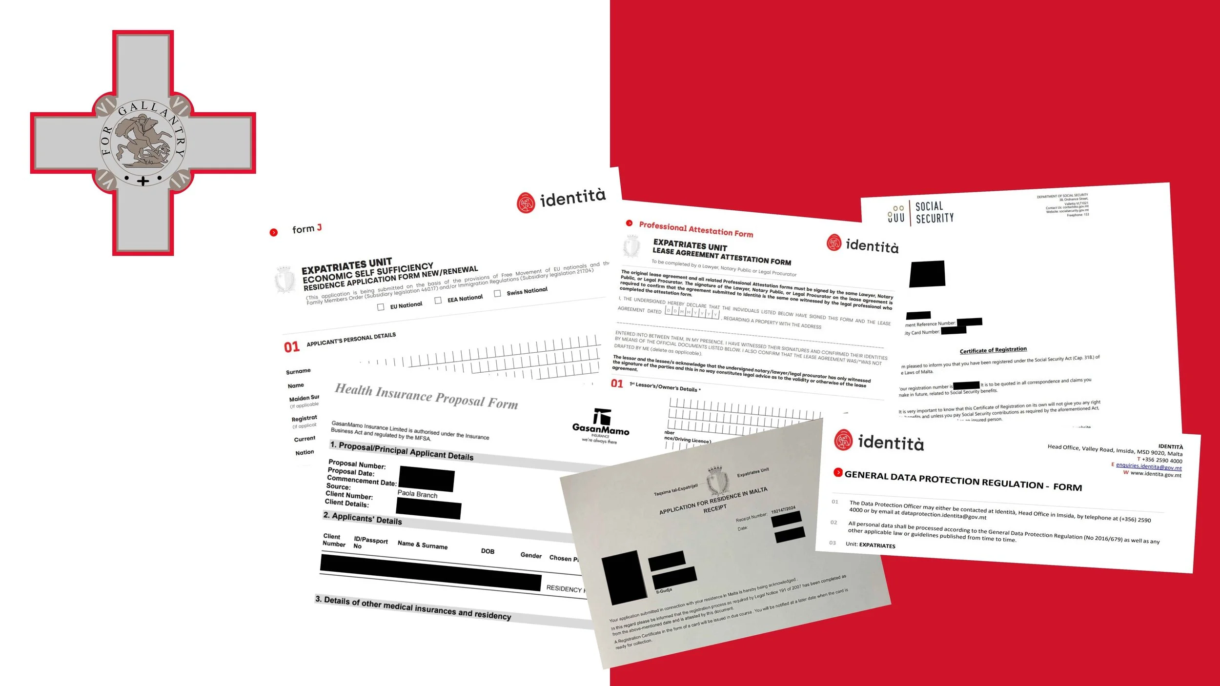 A collage of official documents required for a Malta eResidence card on a background of the Maltese flag, including Form J, lease agreement and health insurance.