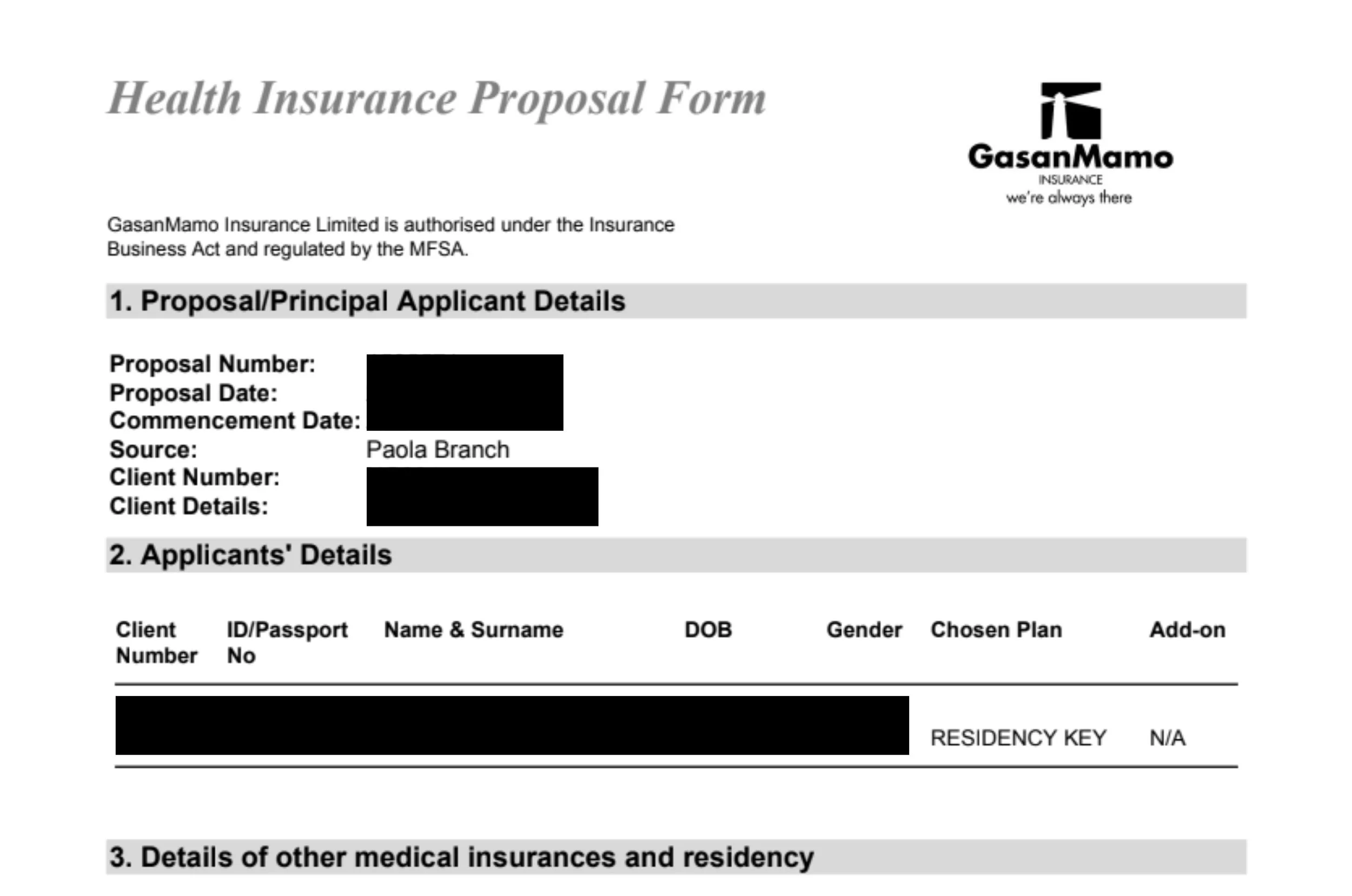 Redacted GasanMamo health insurance proposal form for the Residency Key plan, issued at the Paola branch in Malta.