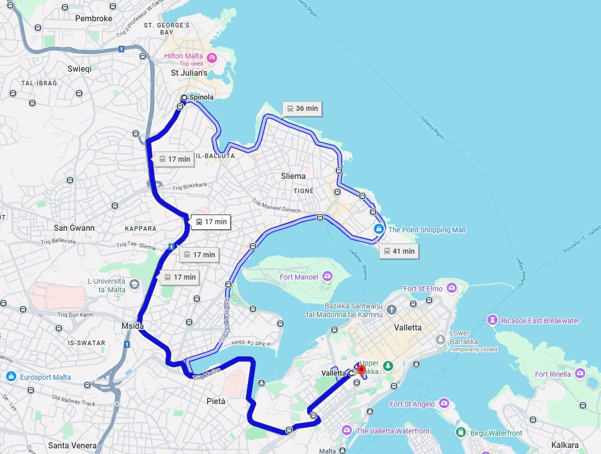 Map comparing the fast TD bus route via the highway (dark blue) versus the slow coastal Route 13 (light blue) from St. Julian's to Valletta.