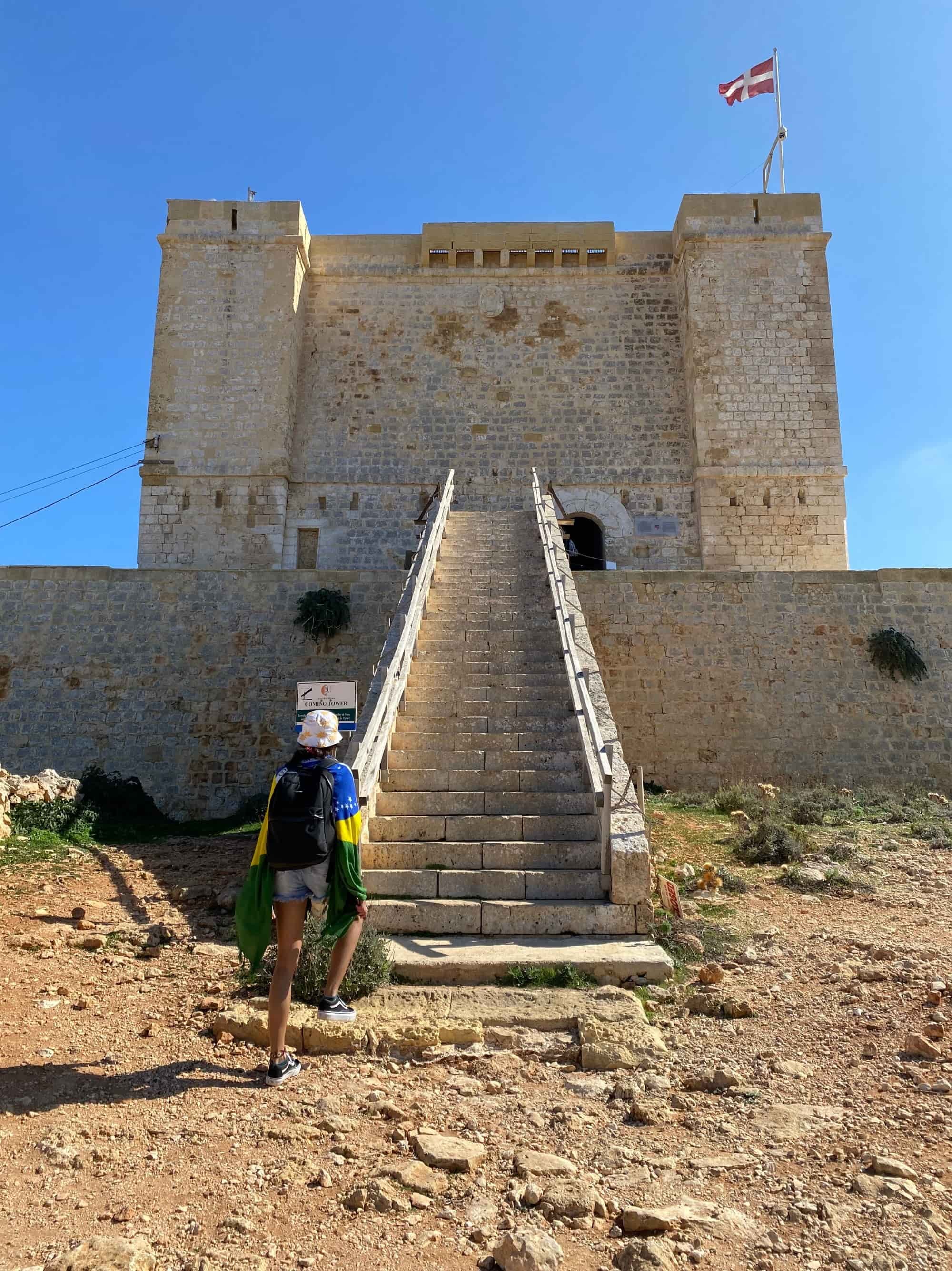 The historic stone staircase leading up to the entrance of the 17th-century St. Mary's Tower.