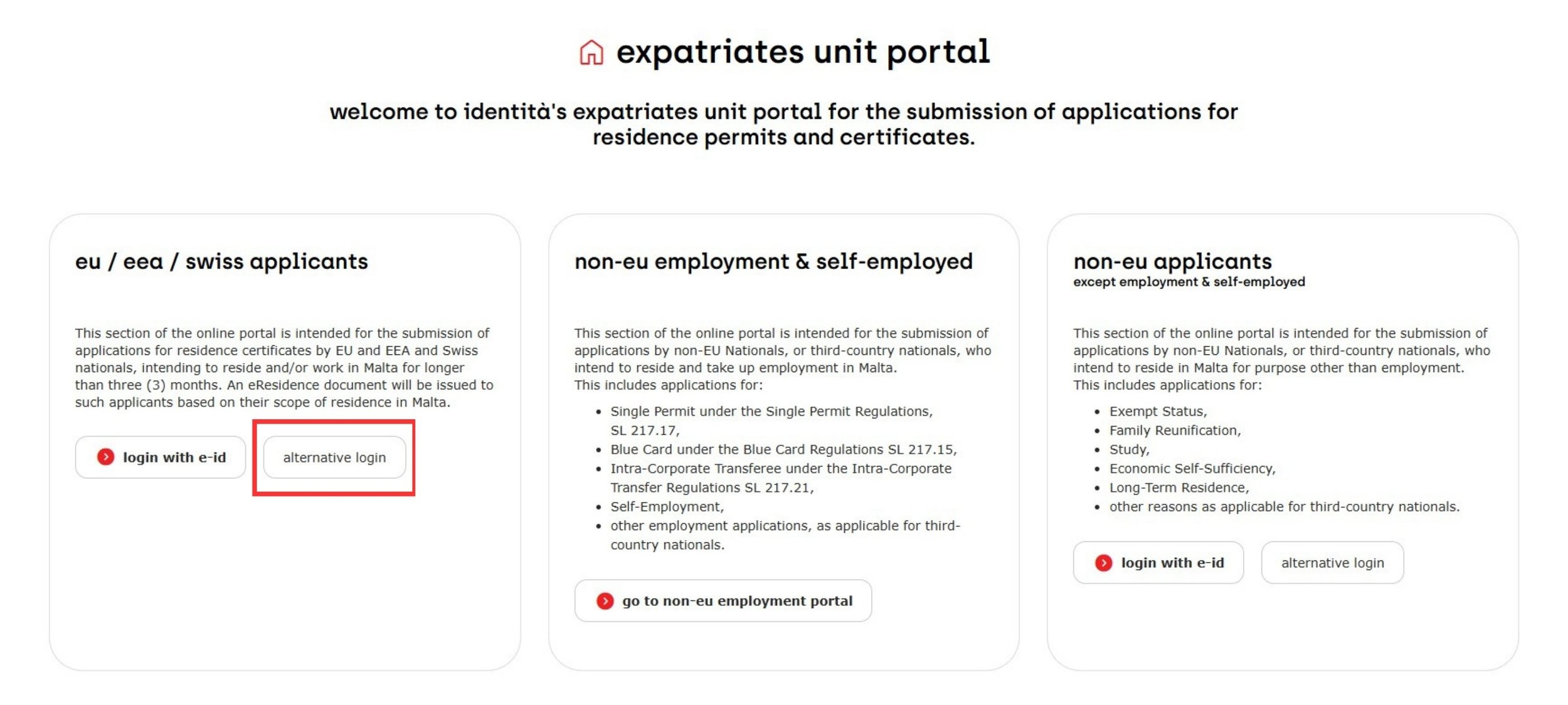 Screenshot of the Identità Expatriates Portal in Malta, highlighting the alternative login button for first-time residence card applicants.