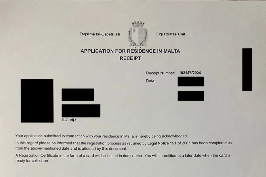 Temporary interim residence receipt issued by Identità Malta after the biometrics appointment.