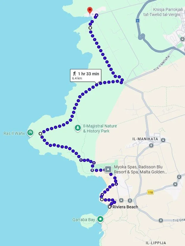 Map showing the 6.4 km coastal hiking route from Riviera Beach via Ras il-Wahx to Popeye Village in northern Malta.