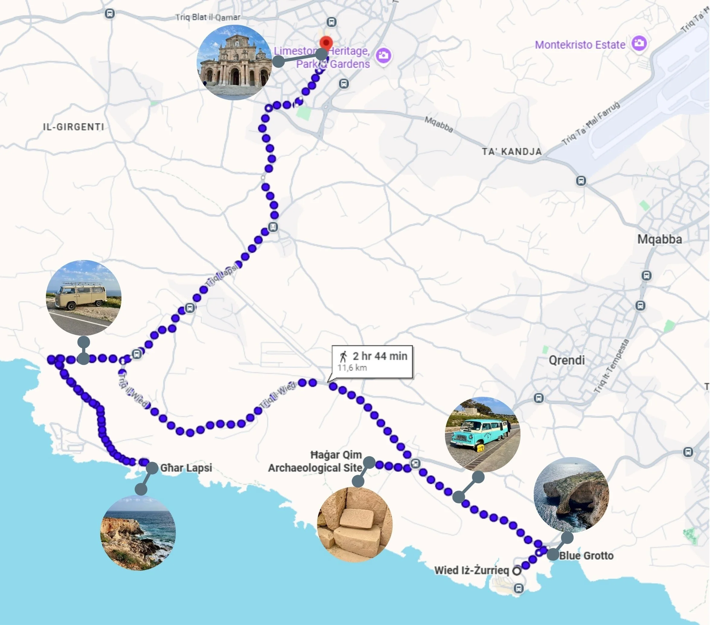 Map showing the 11.6 km coastal hiking and running route in Southern Malta from Blue Grotto to Siggiewi via Hagar Qim and Ghar Lapsi.