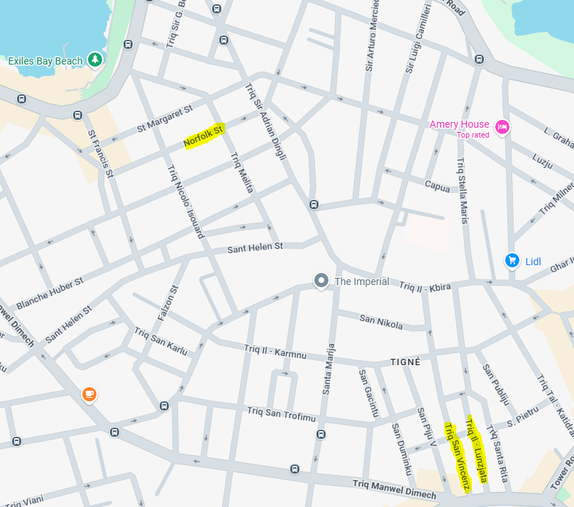 Map of Sliema, Malta, with yellow highlights indicating the quieter residential area around Triq Sir Adrian Dingli.