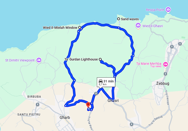 A map showing the circular driving route in Gozo, starting from Ta' Pinu Basilica, passing through Għarb, Wied il-Mielaħ, the Sand Waves and Ġurdan Lighthouse.