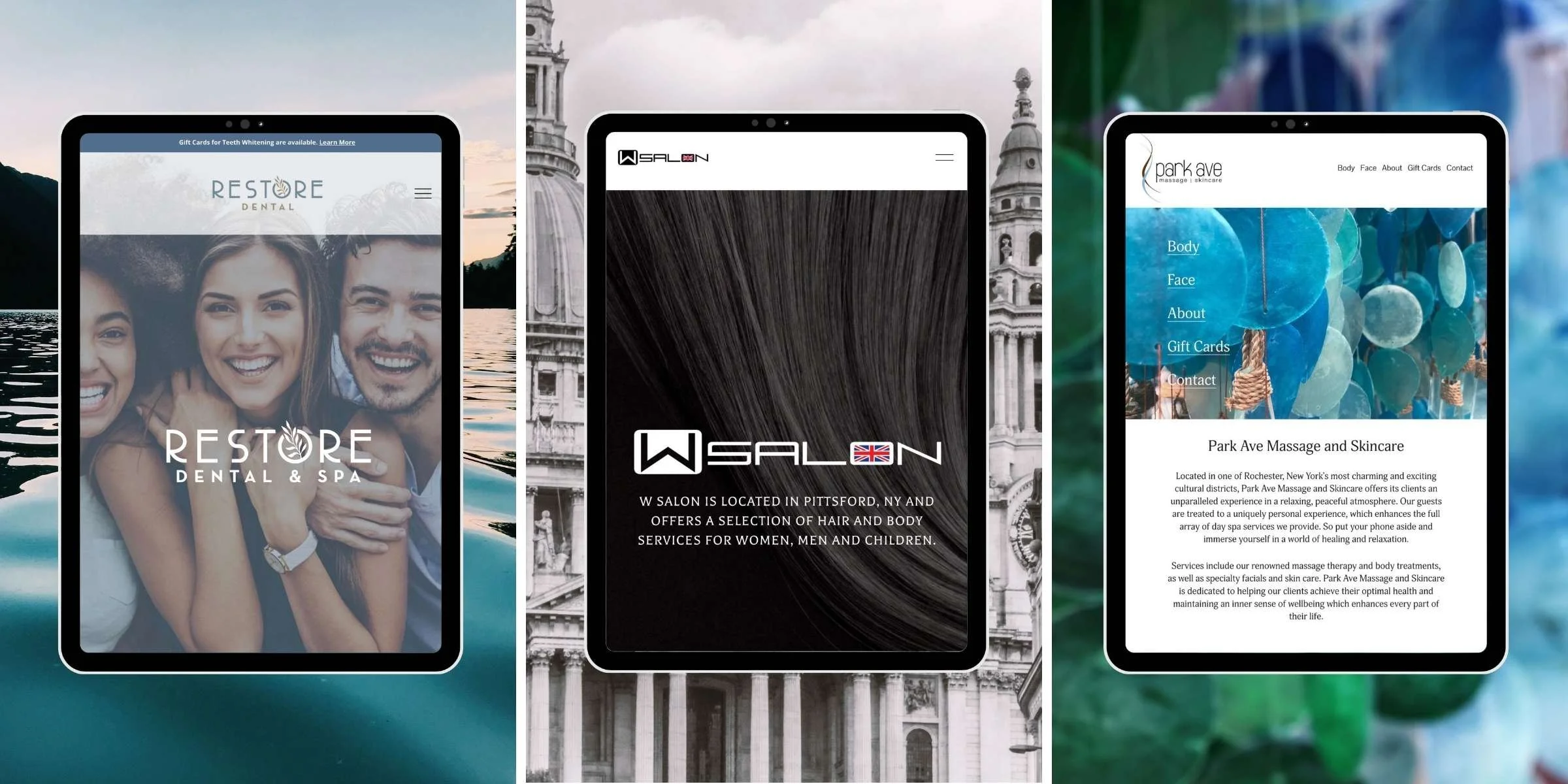 Three website designs seen in tablet view