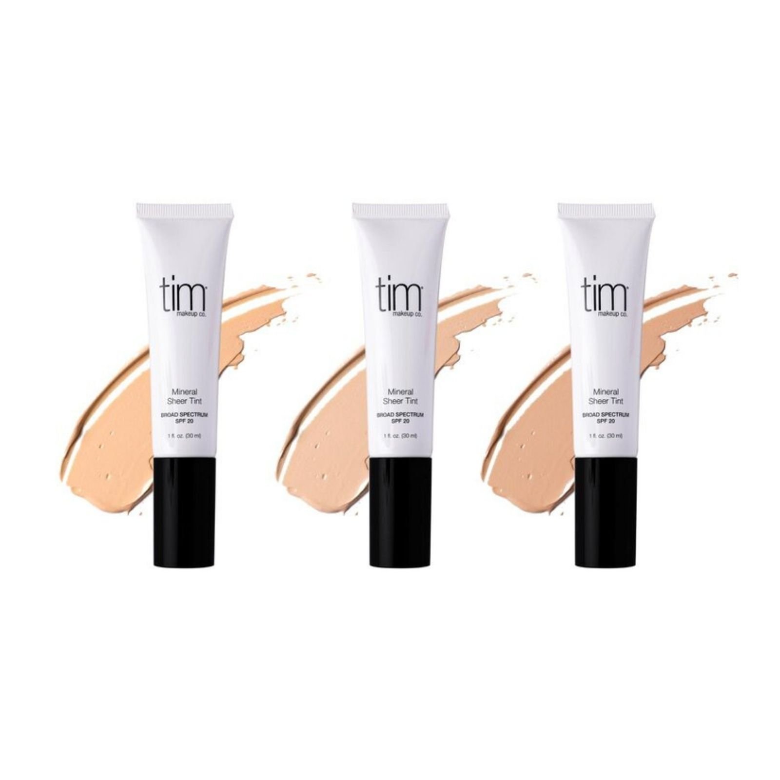 TIM Makeup Tinted Moisturizer tubes with makeup swatches
