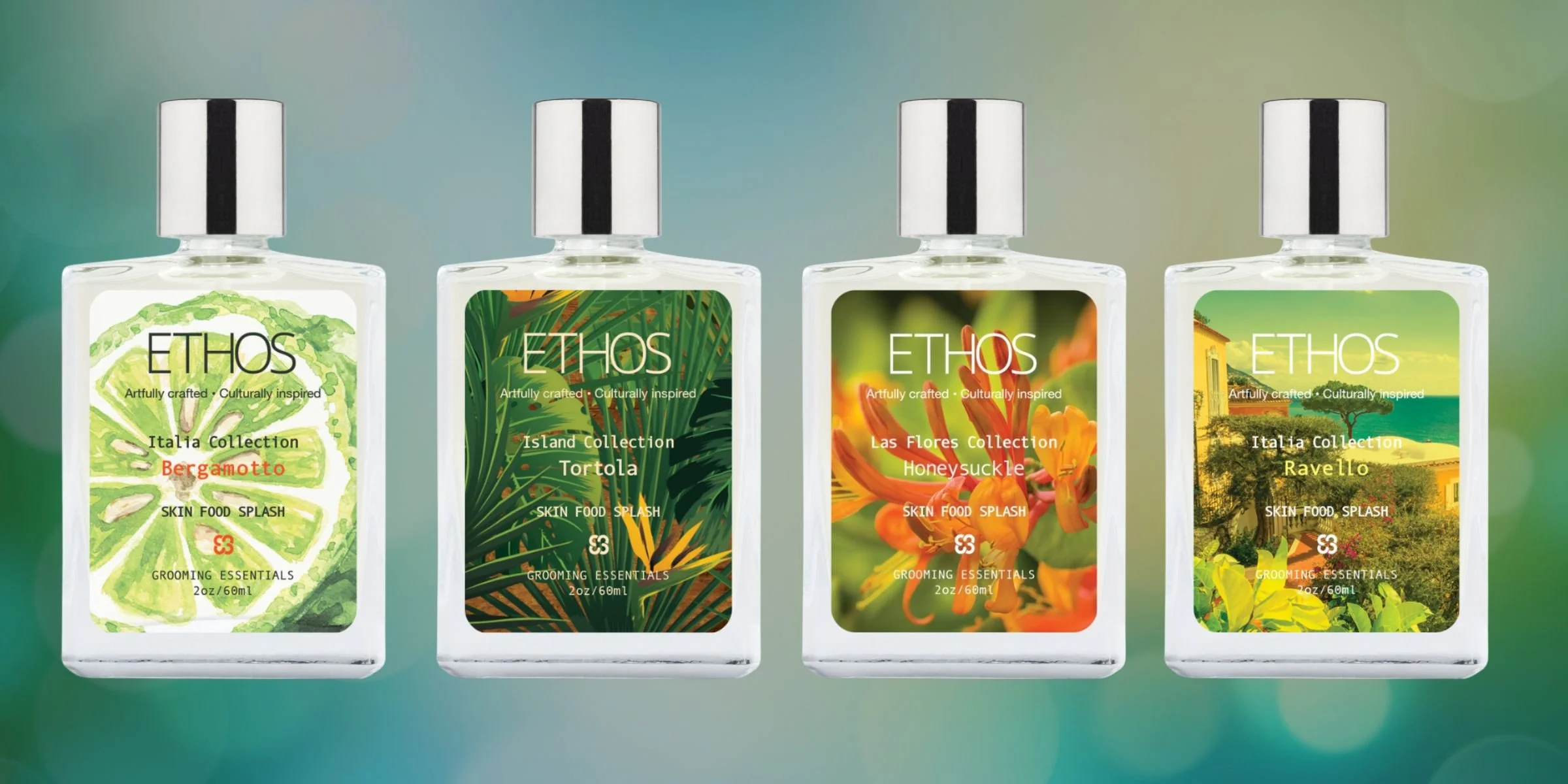 ETHOS brand bottles with colorful label designs