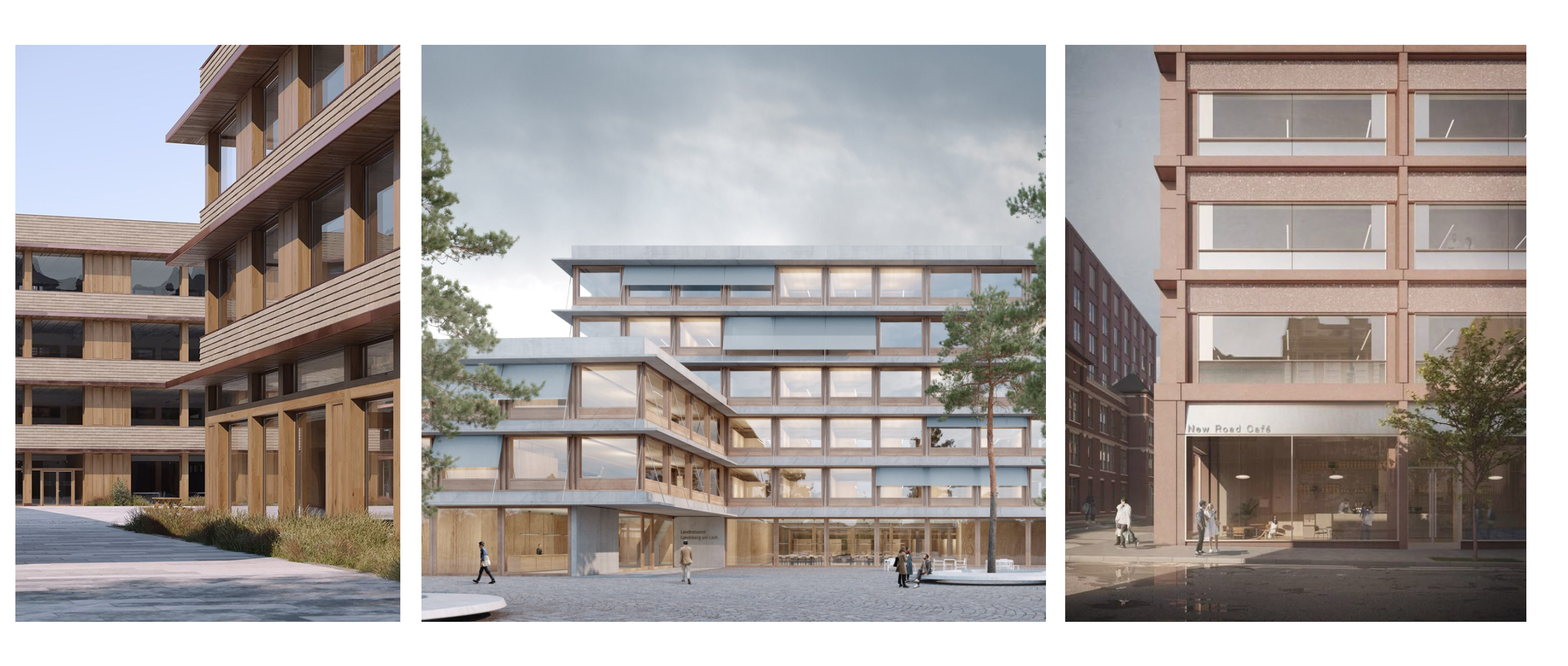 Three modern architectural building designs, featuring extensive use of glass and wood materials, with trees and people in the vicinity.