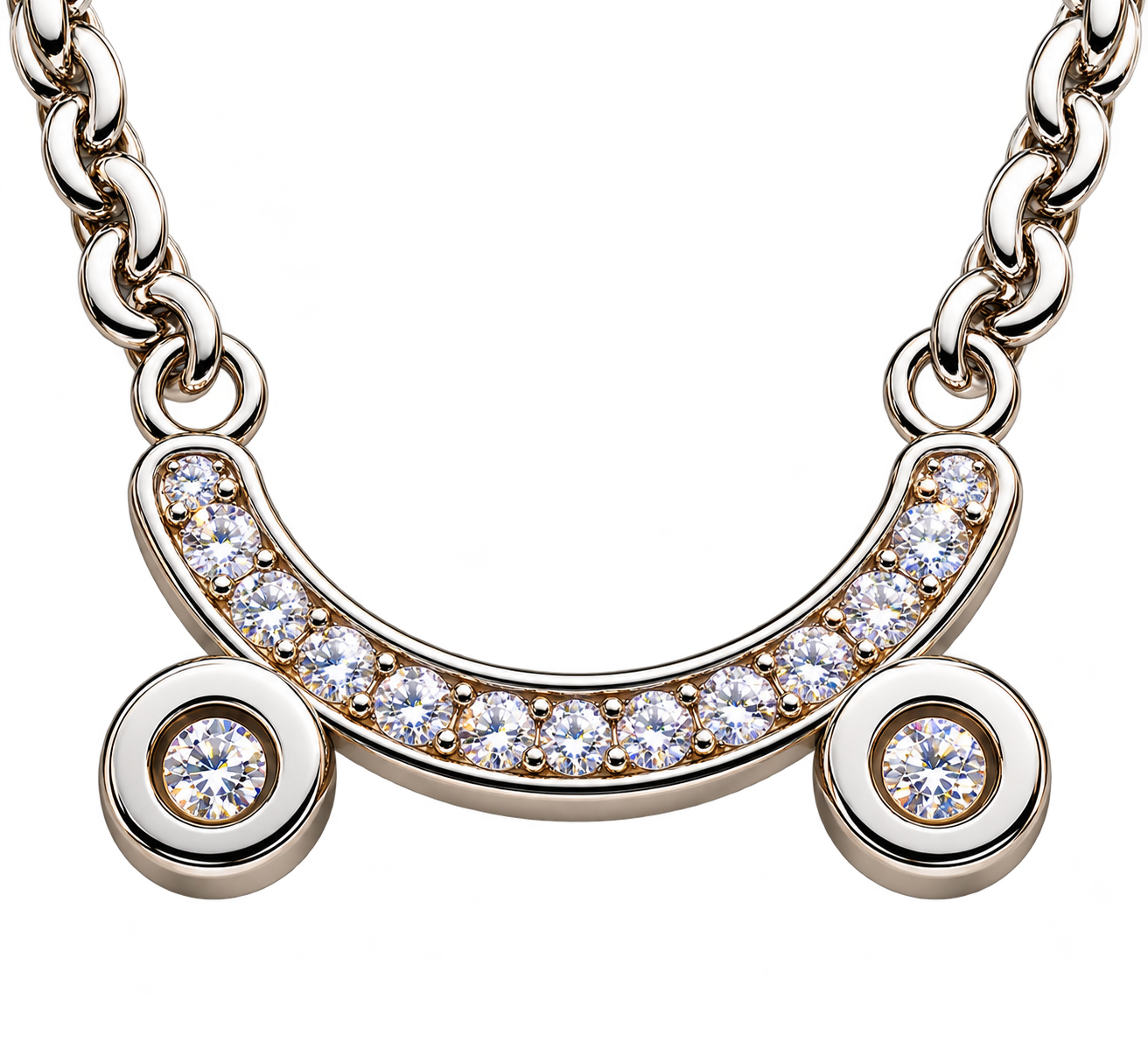 A close-up of a necklace with white and gold accents, adorned with clear gemstones, featuring a chain with large links and circular pendant elements with gemstones.