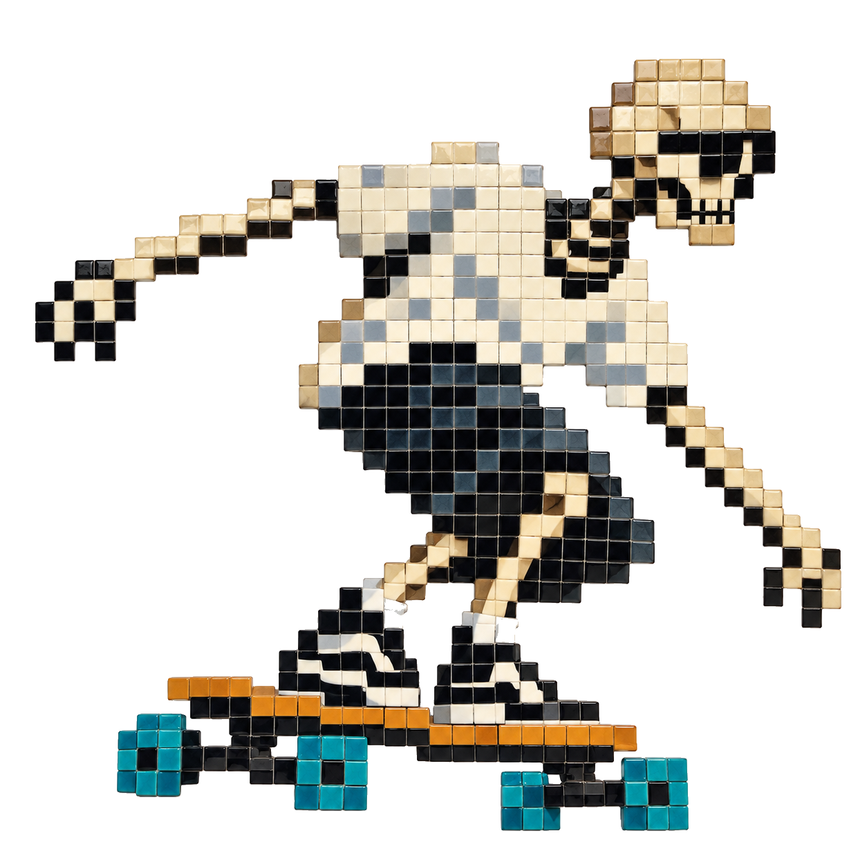 Pixel art image of a woman with long blonde hair, wearing sunglasses and a black dress, riding a skateboard with blue wheels.