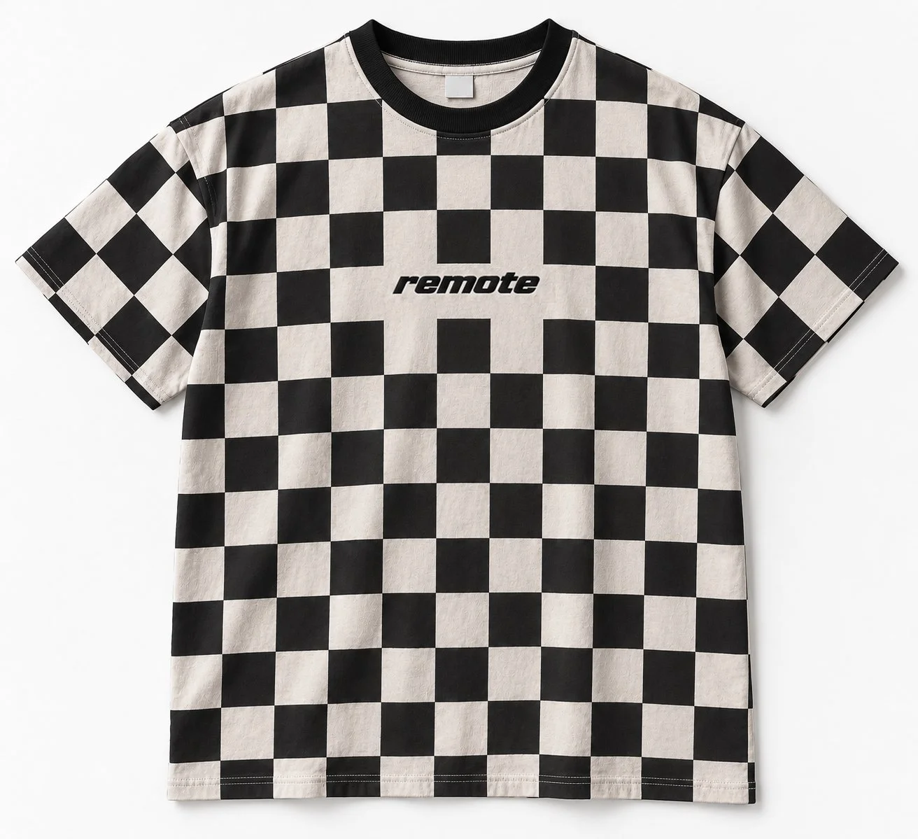 Black and white checkered T-shirt with the word 'remote' in the center.