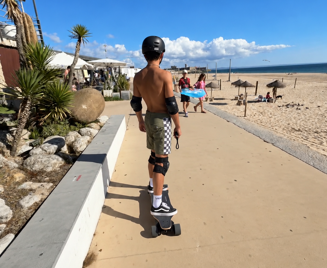A shirtless young man wearing a black helmet, elbow and knee pads, and checkered shorts, riding a skateboard on a beachside pathway.