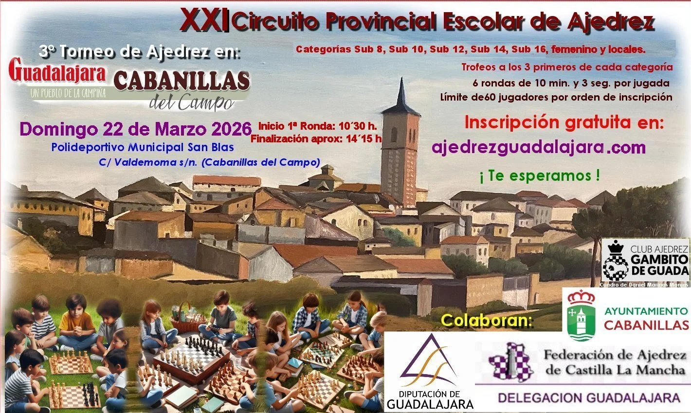 El 22 de Marzo vuelve el circuito provincial de Ajedrez Escolar 2026 en Cabanillas del Campo
