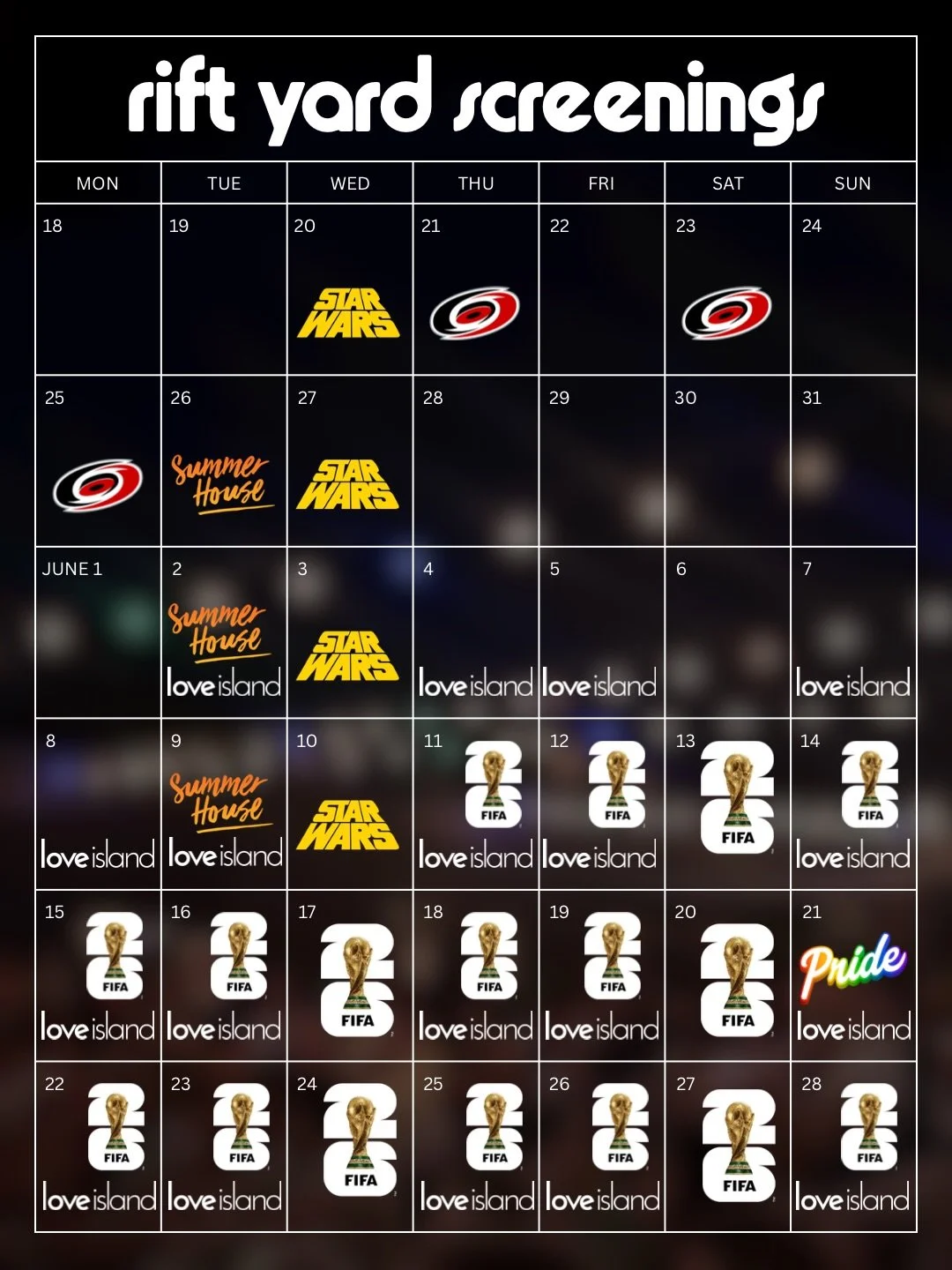 Let the summer screenings begin!

MAY
W. May 20 - Star Wars 💫 5pm
R. May 21 - Canes 🥅 8pm
S. May 23 - THRIFT 🛍️ 2pm
S. May 23 - Canes 🥅 7pm
M. May 25 - Canes 🥅 8pm
T. May 26 - Summer House Reunion pt.1 🤸 8pm
W. May 27 - Star Wars 💫 5pm 
*(Cane