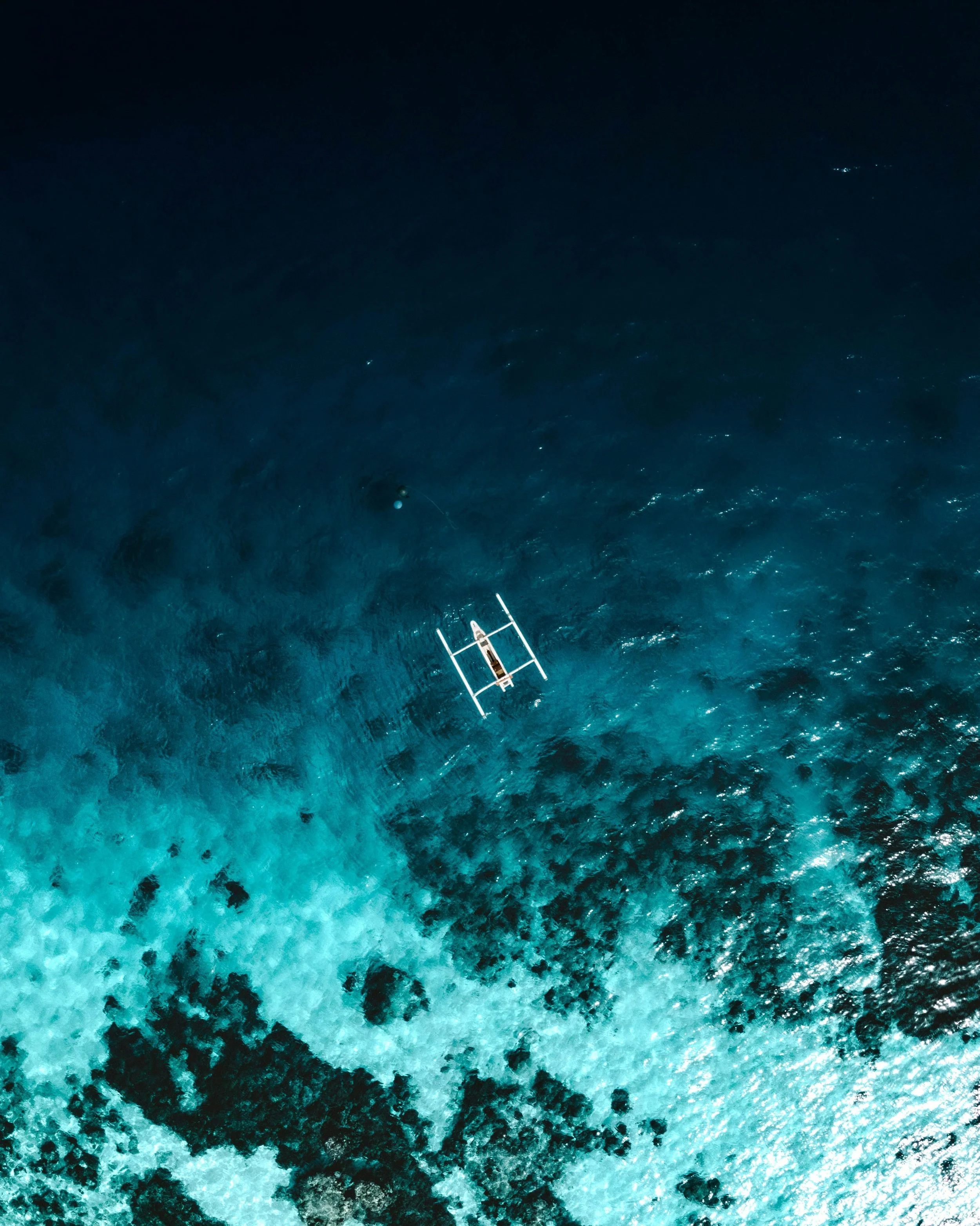 Aerial view of a drone over the ocean at night, showing the drone in the water near a coral reef.