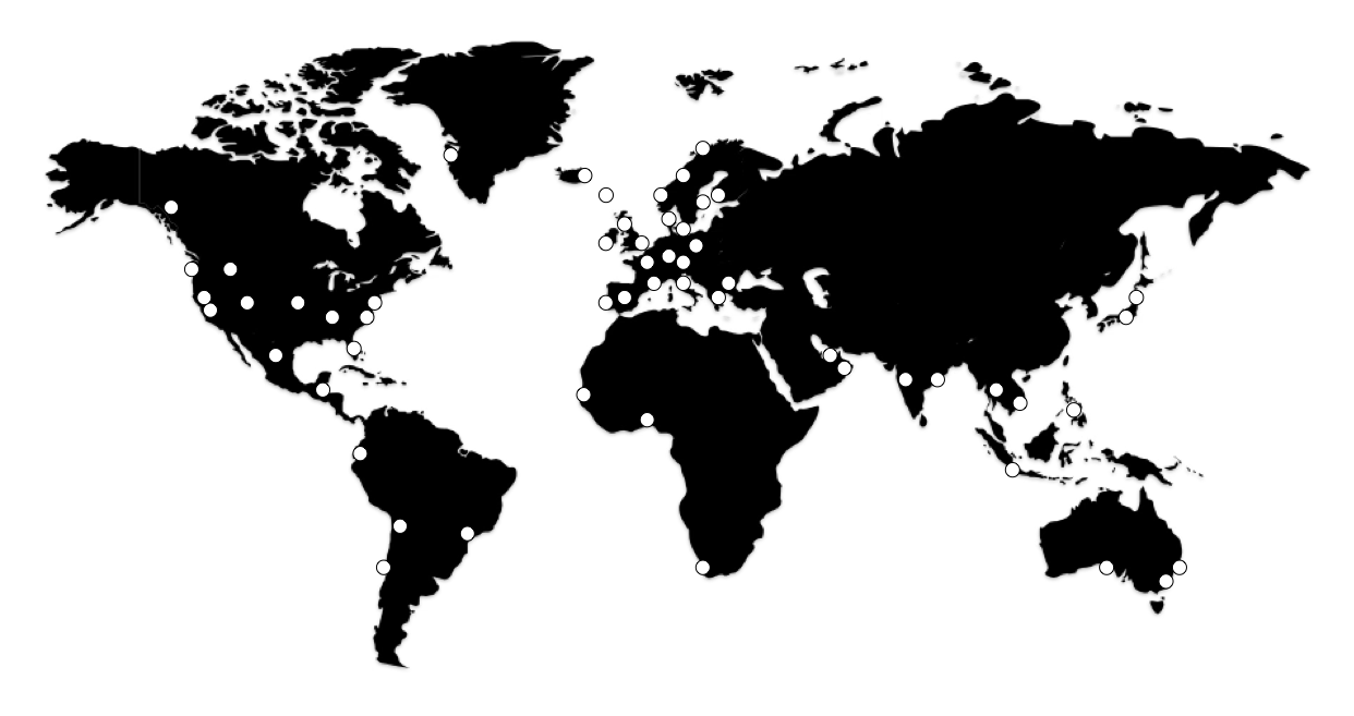 World map with black continents and white circles marking specific locations.