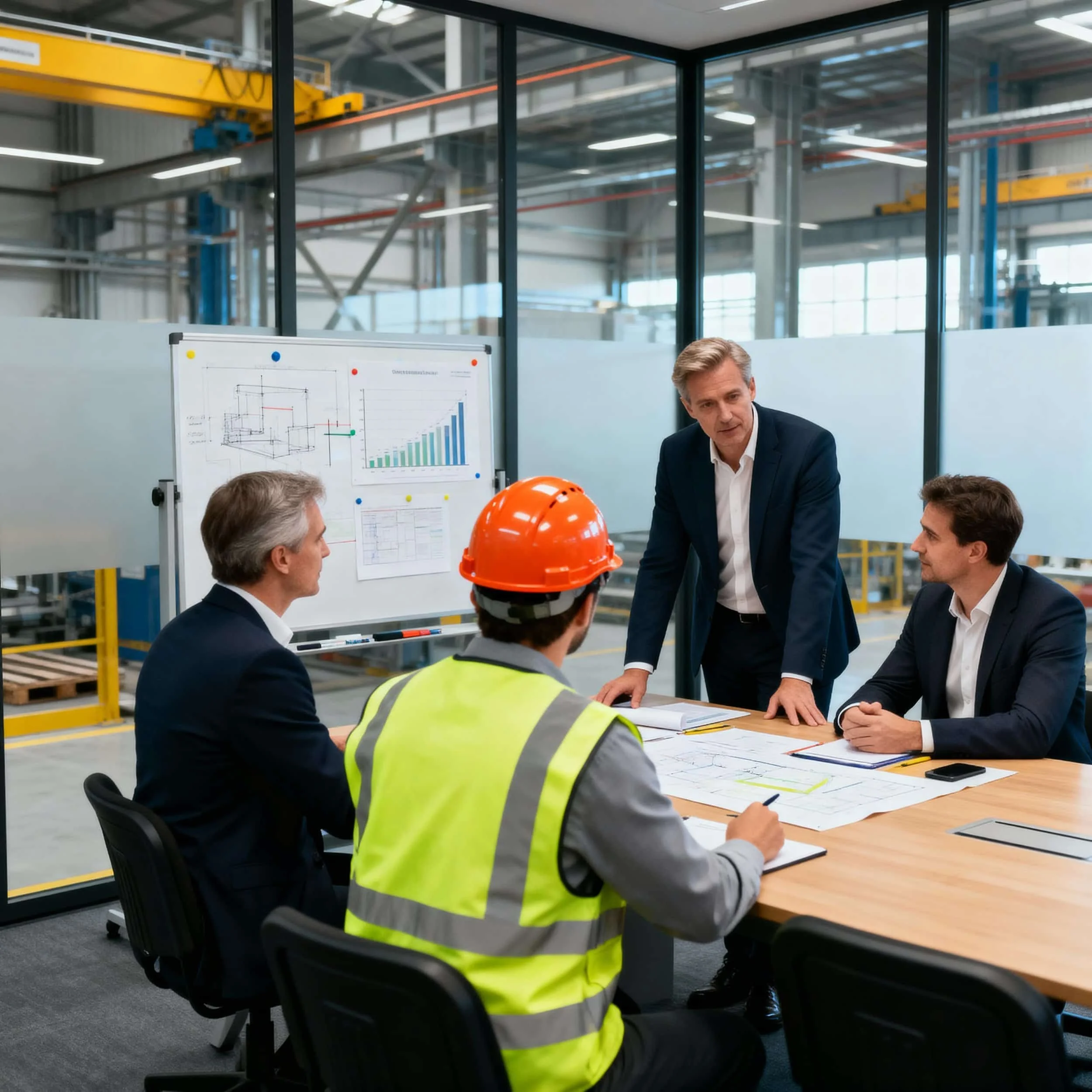 Four men, one in a safety vest and helmet, discuss plans and charts in a modern office with industrial equipment visible outside.