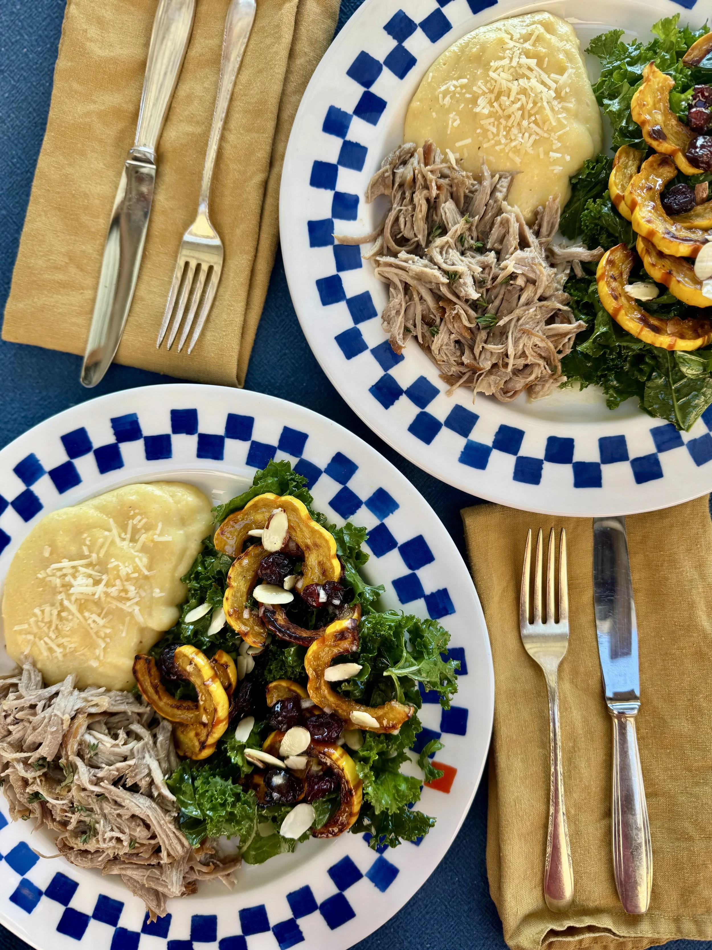 Tuesday, March 3rd - Braised Pork Shoulder with Apple Cider Jus, Creamy Polenta and Roasted Delicata Squash - Serves 2