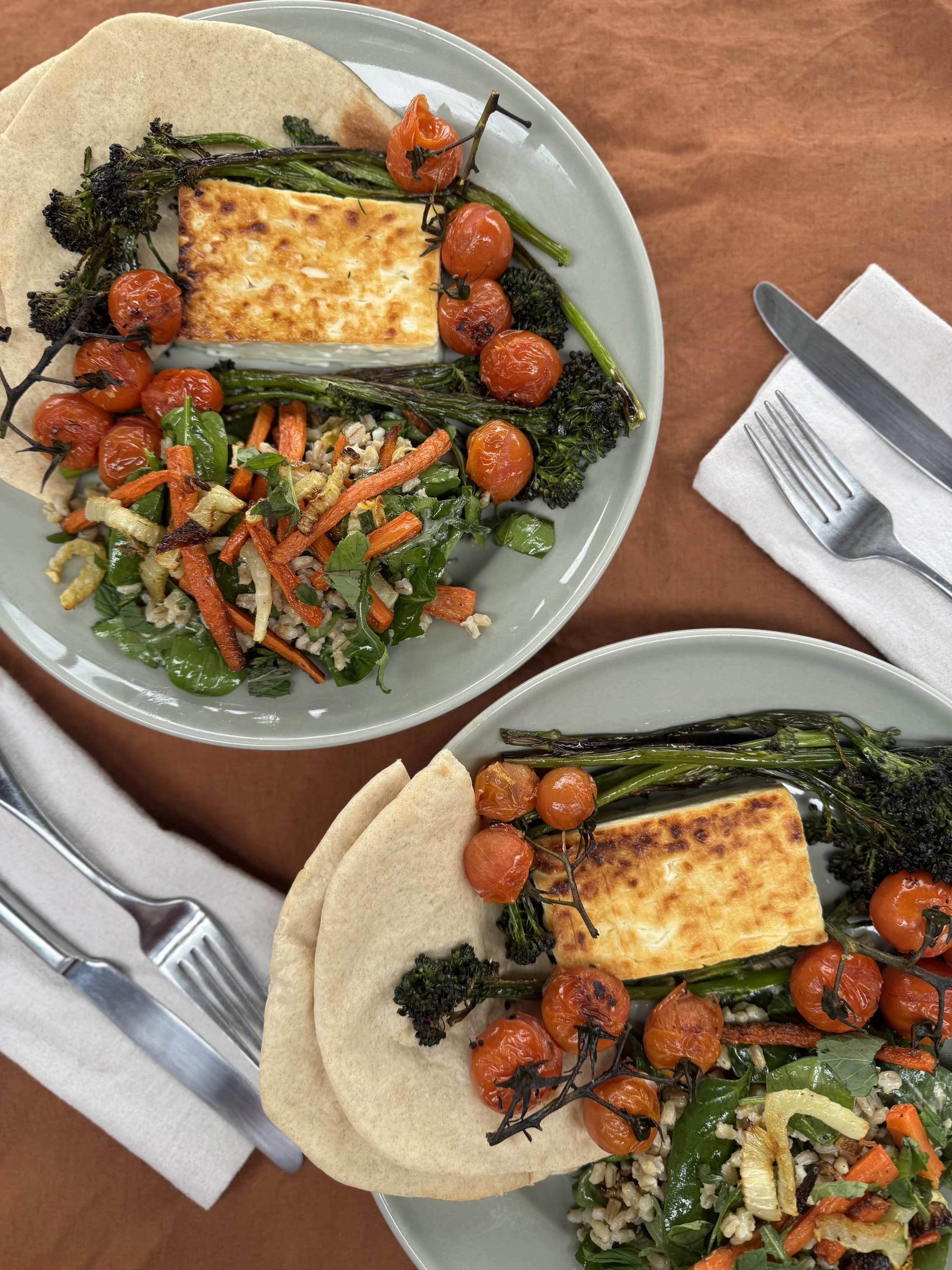 Tuesday, April 21st - Broiled Feta with Roasted Tomatoes & Broccolini, Citrus Tahini Farro Salad alongside fresh Flatbread