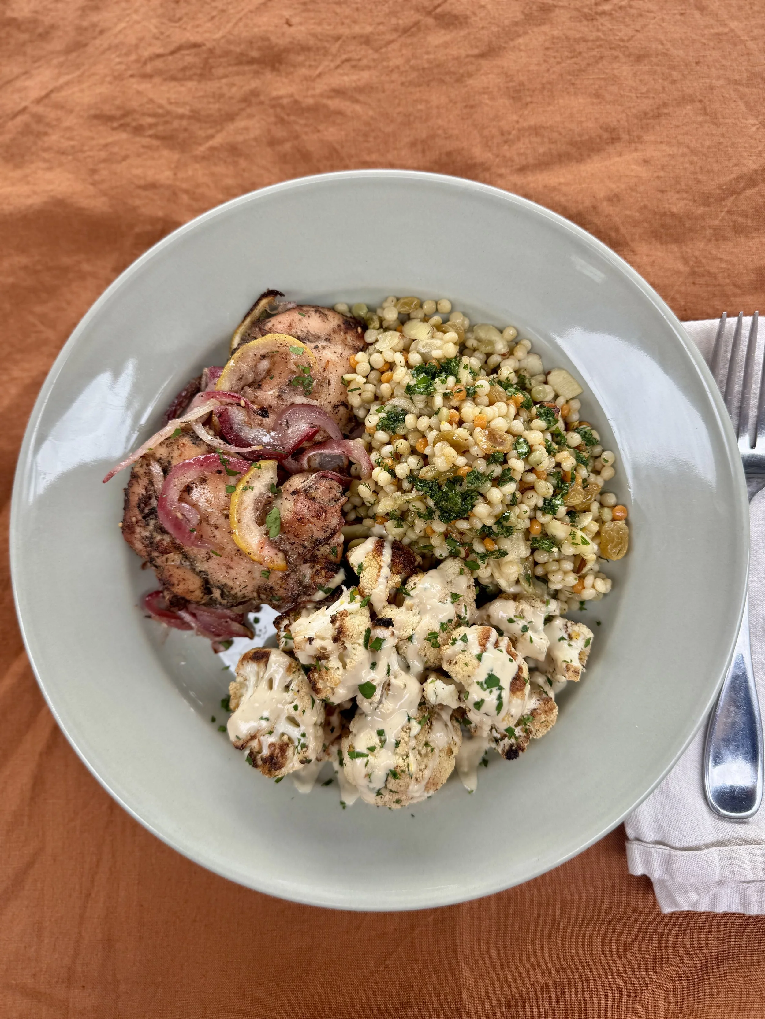 Tuesday, May 12th - Za’atar Roasted Chicken Thighs with Pearled Couscous Salad  & Lemon-Sumac Cauliflower - Serves 2